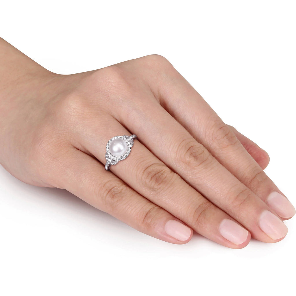 White Cultured Freshwater Pearl Cubic Zirconia Halo Sterling Silver Ring E7588