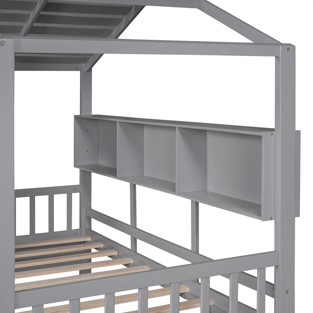 Gray Wood Twin Size Kids House Bed with 2 Drawers and Storage Shelves Z42962
