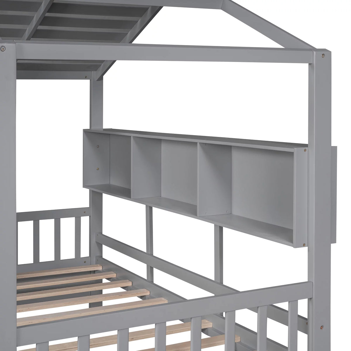 Gray Wood Twin Size Kids House Bed with 2 Drawers and Storage Shelves Z42962