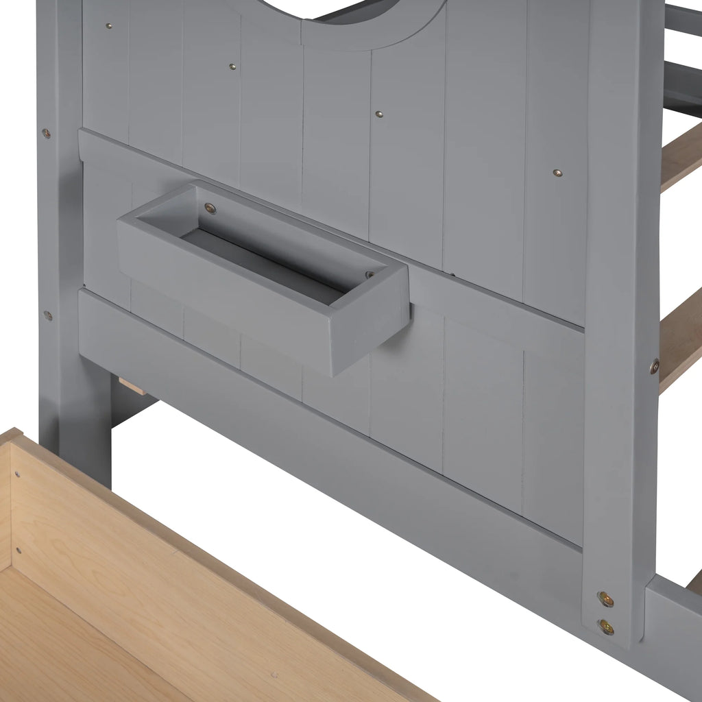 Gray Wood Twin Size Kids House Bed with 2 Drawers and Storage Shelves Z42962