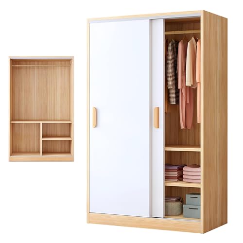 Walnut Freestanding Double Sliding Door Wardrobe with Shelves and Clothing Rods K6614