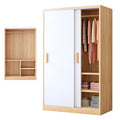 Walnut Freestanding Double Sliding Door Wardrobe with Shelves and Clothing Rods K6614