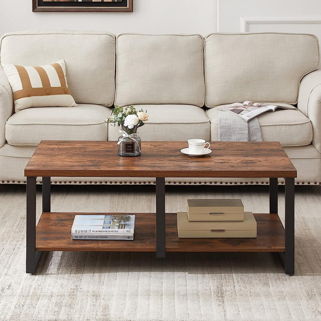 47 Inch Rustic Brown Wood Coffee Table with Storage Shelf R639775