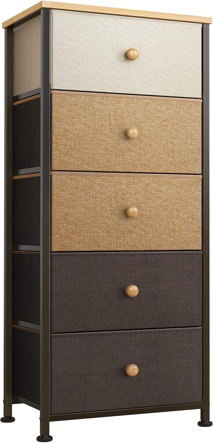 5 Drawer Dresser with Wooden Top and Fabric Bins S79781