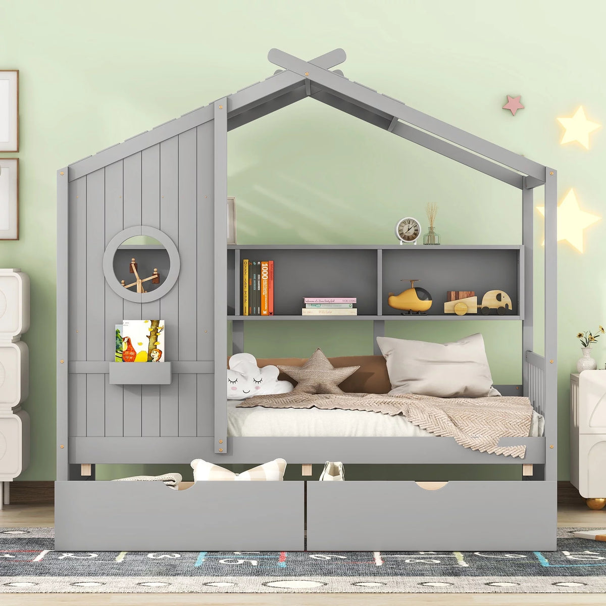 Gray Wood Twin Size Kids House Bed with 2 Drawers and Storage Shelves Z42962