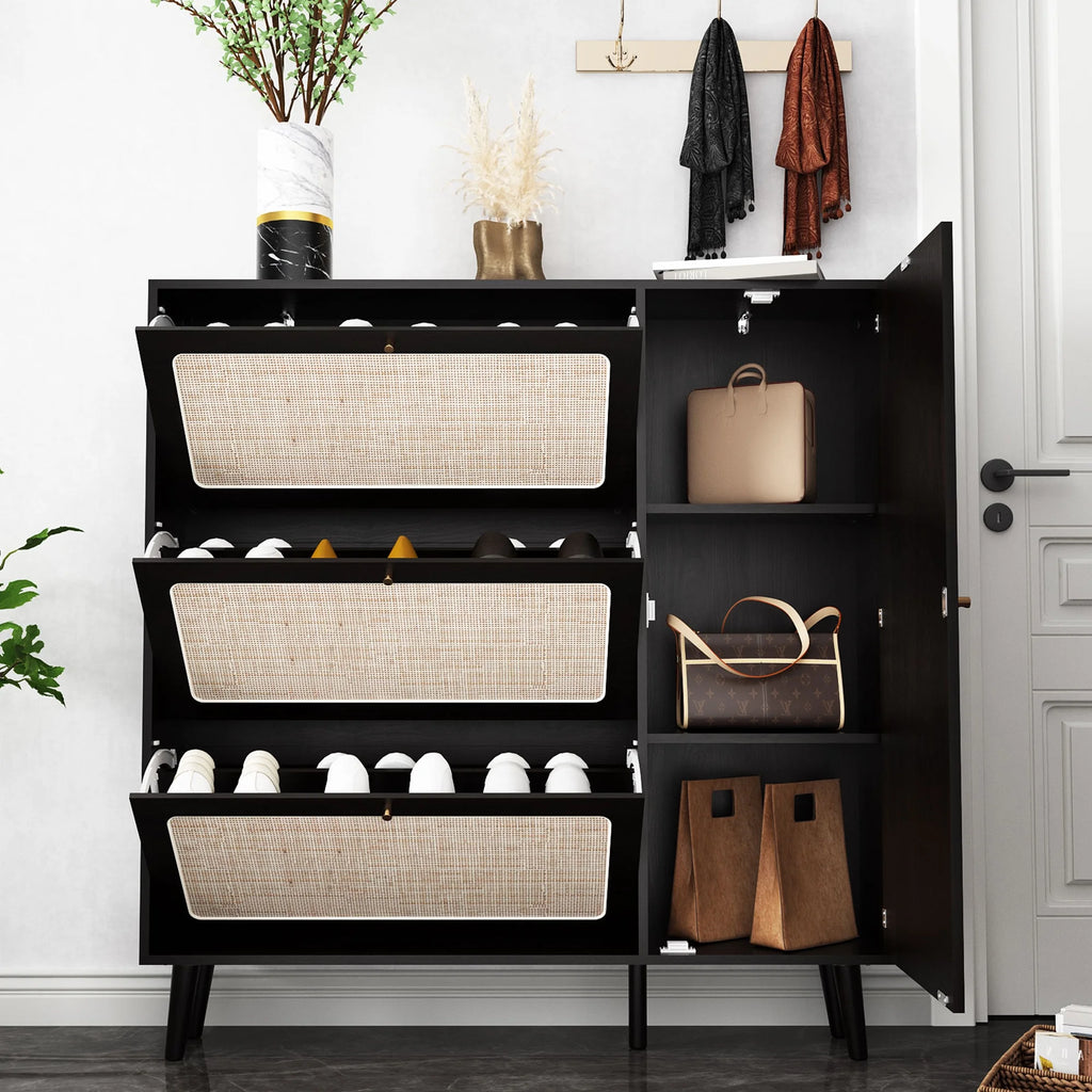 48" Wide Black Wood Shoe Cabinet with 3 Flip Doors M498