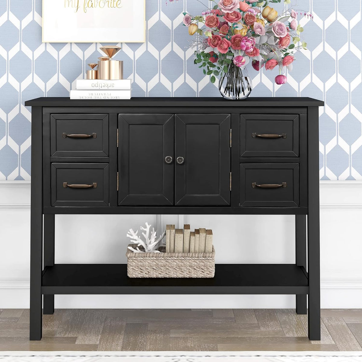 Navy Blue 6 Drawers Console Table with Cabinet and Shelf I7421