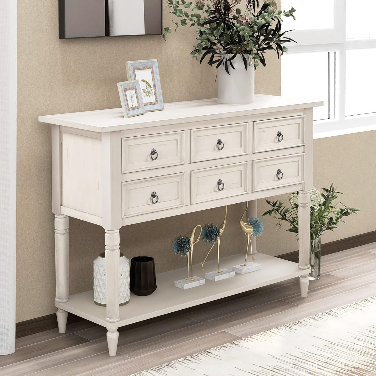 Navy Blue 6 Drawers Console Table with Cabinet and Shelf I7421