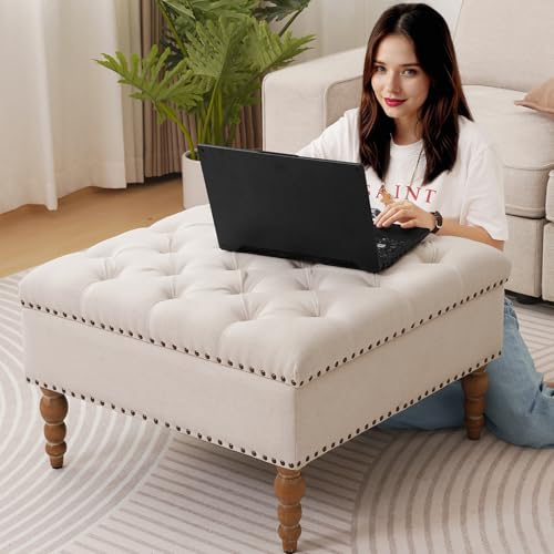 Large Square Ottoman Coffee Table with Storage and Solid Wood Shelf (Beige) N70202