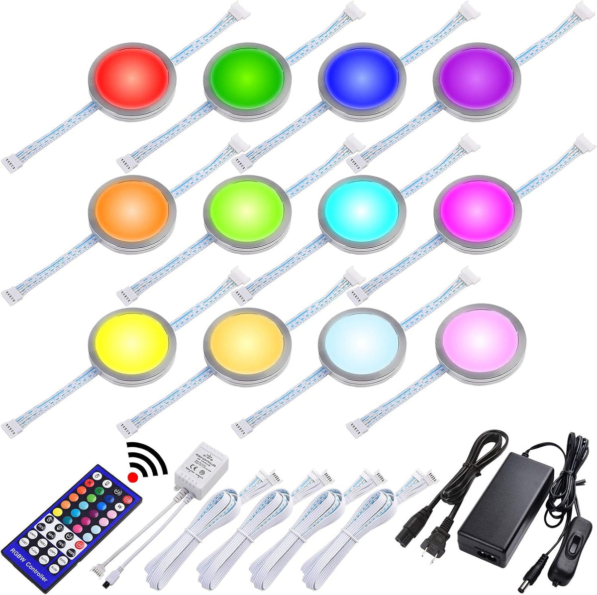 12 Lights Linkable Under Cabinet LED Puck Light Kit with Wireless Remote Control Dimmer W308