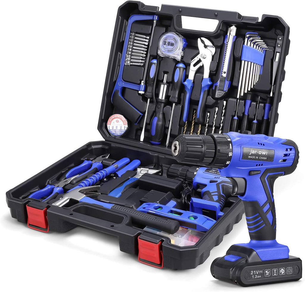21V Cordless Drill Power Tools Combo Kit with 112Pcs Hand DIY Tool Set, Blue, Pack of 2 N140