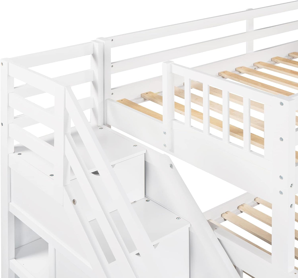 White Wooden Triple Bunk Bed With Stairs And 3 Storage Drawers P913