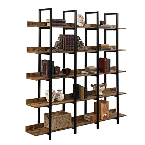 Black Triple Wide 5 Tiers Industrial Bookshelf with Metal Frame O5298