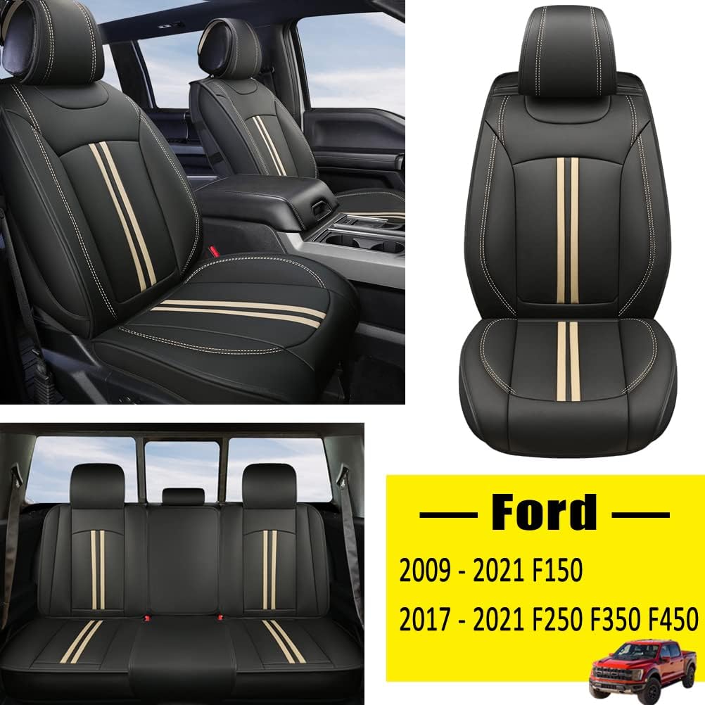 Rear Bench Car Seat Covers Faux Leather Seat Protectors (Black+Beige) Z7489