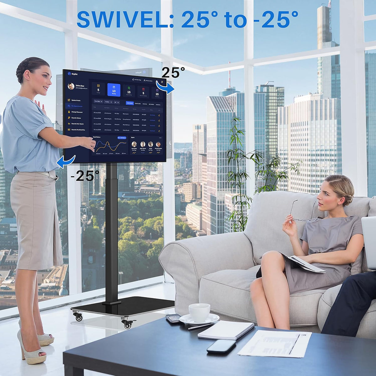 Tall TV Stand with Wheels, Height Adjustable, Max VESA 600x400mm U837024