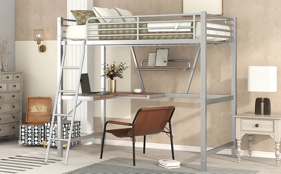 Metal Loft Bed with Desk and Shelf W251