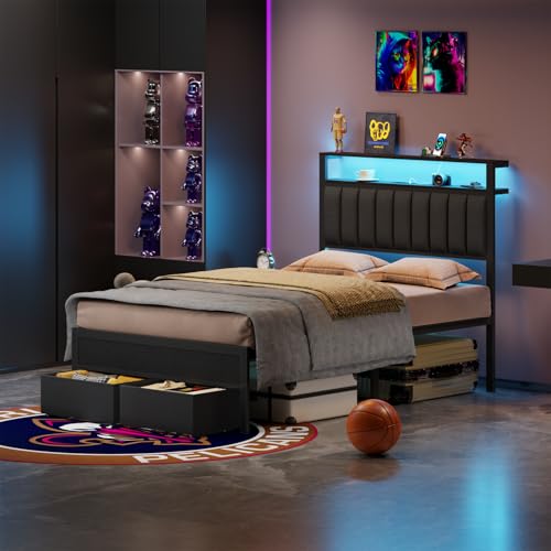 Grey Upholstered Twin Bed Frame with Charging Station and LED Lights W718