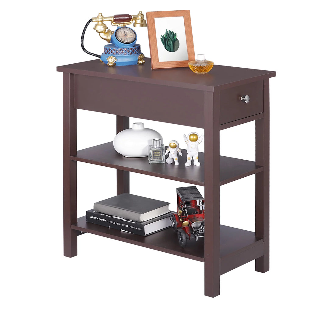 2 Pack 3-Tier Narrow MDF End Table with Drawer & Storage Shelf G614938