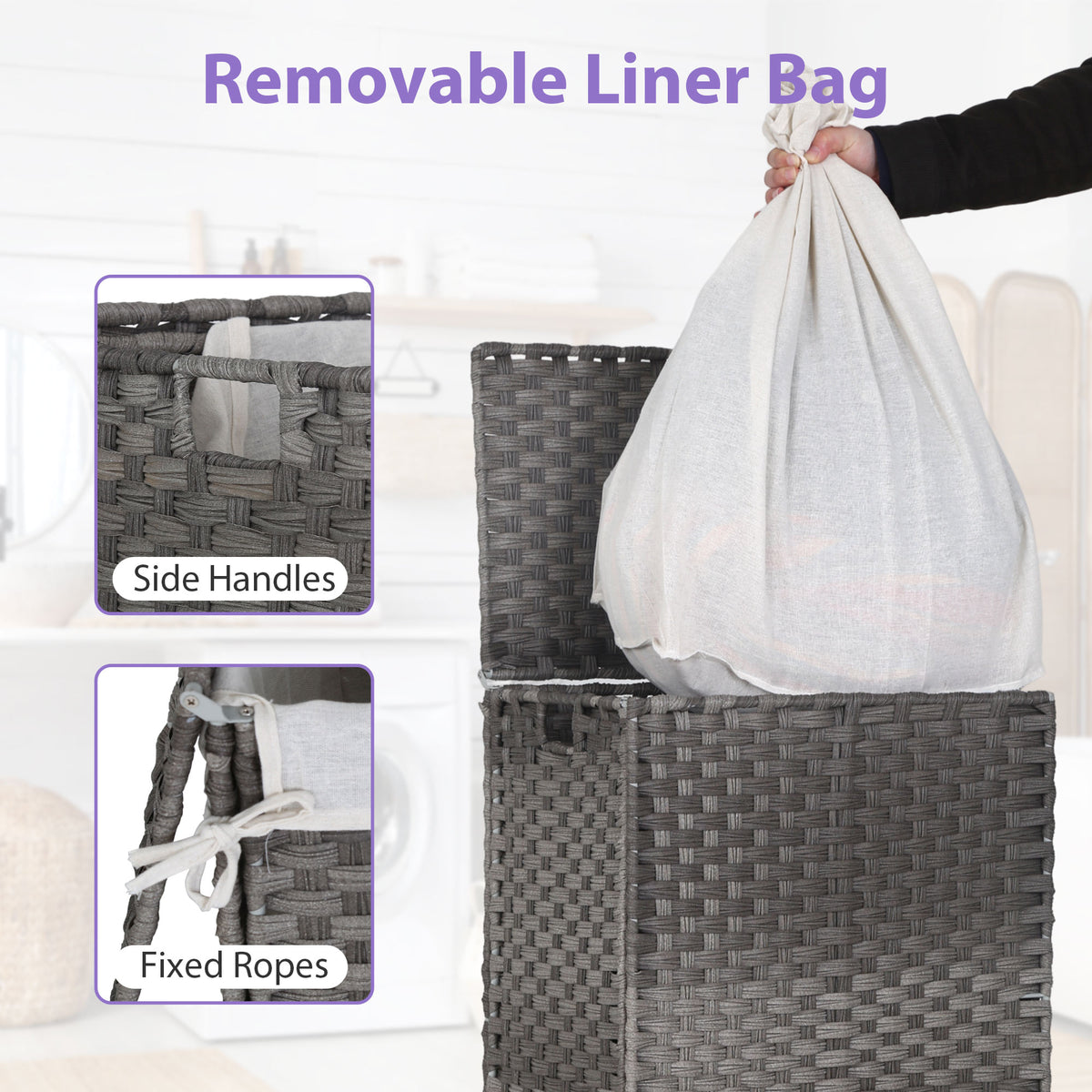 Divided Laundry Hamper 90L/110L Synthetic Rattan Handwoven Double Sorter with Liner Bags Foldable Grey O5139