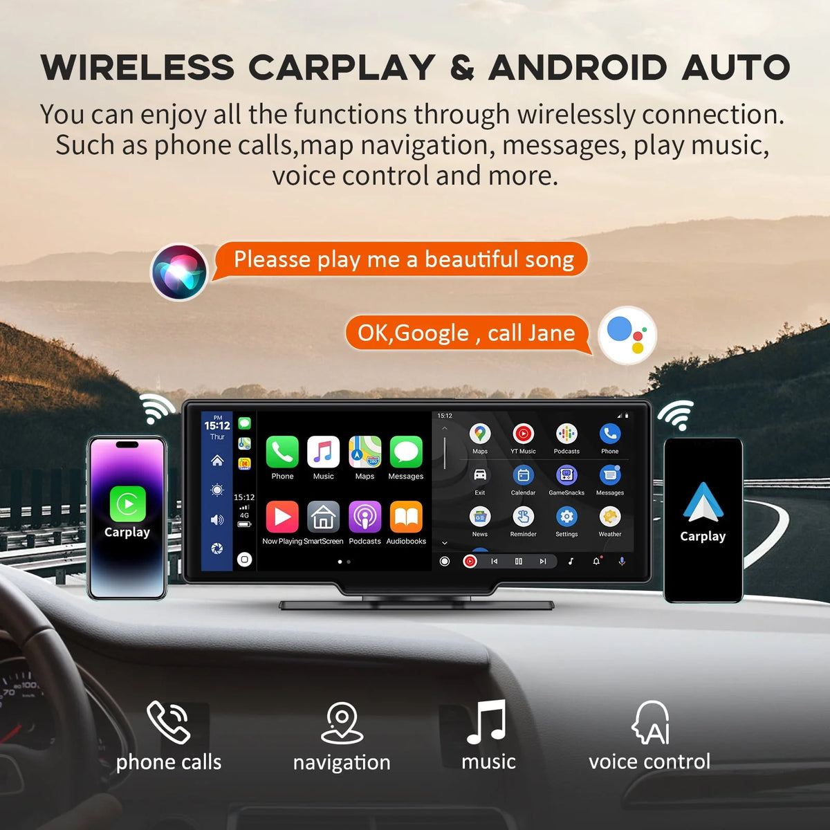 Wireless Apple Carplay Android Auto Car Stereo 10.26 Touch Screen 2.5K Dash Cam E4985