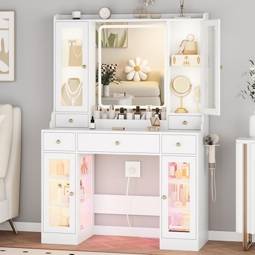 White Vanity Desk with Lighted Mirror and 5 Drawers N1861