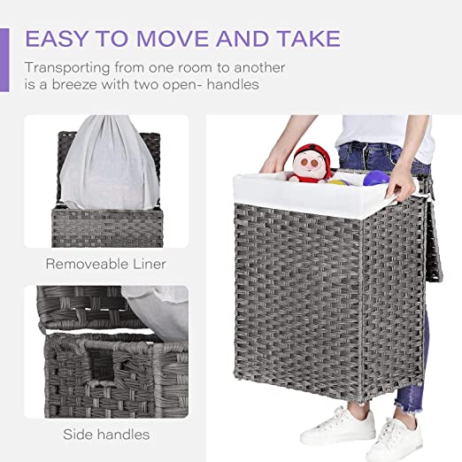 Divided Laundry Hamper 90L/110L Synthetic Rattan Handwoven Double Sorter with Liner Bags Foldable Grey O5139