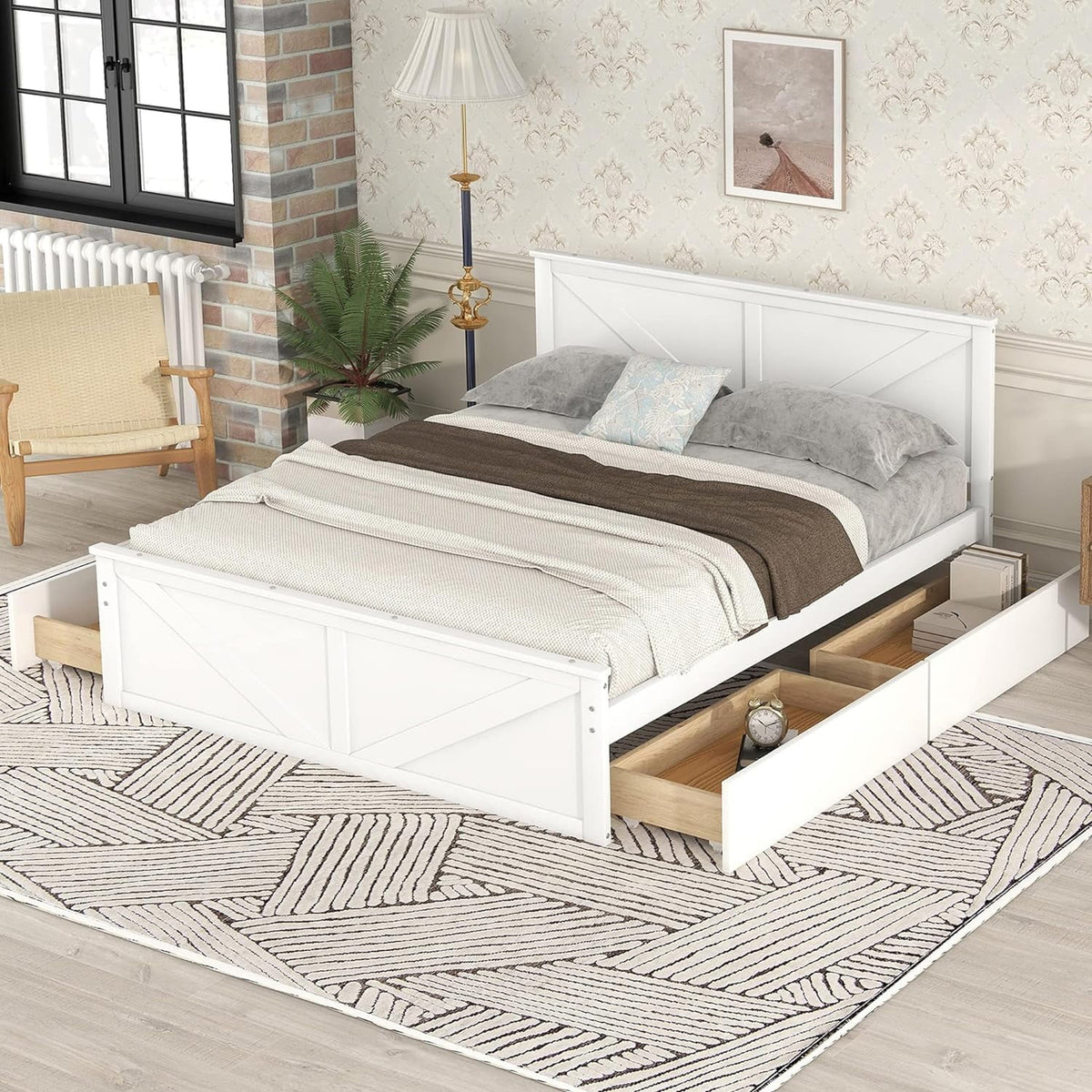 White Queen Size Platform Bed with 4 Drawers J94429