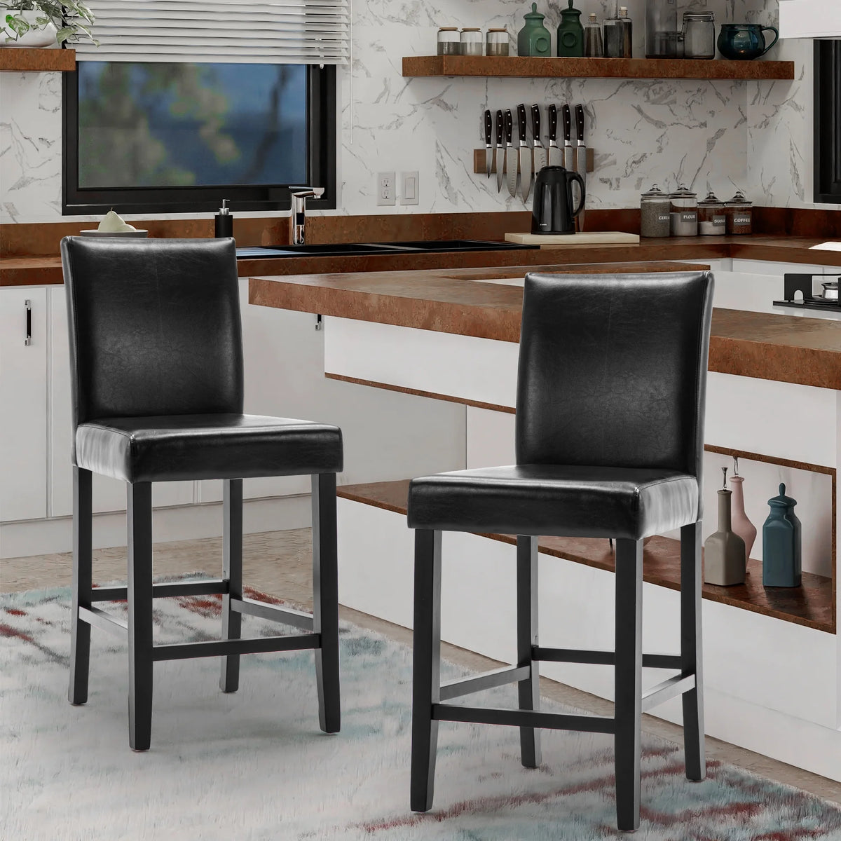 Black PU Leather Bar Stools, Set of 2 V988070
