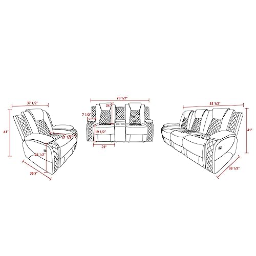 3 Piece Cream White Leather Recliner Sofa Set with LED Lights F43654