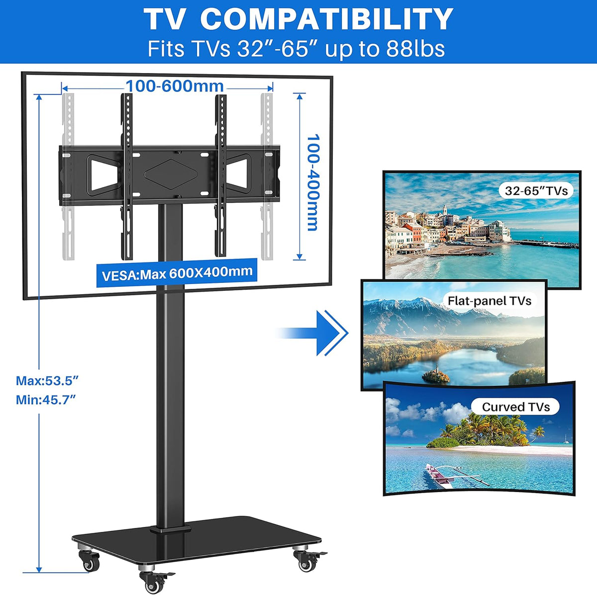 Tall TV Stand with Wheels, Height Adjustable, Max VESA 600x400mm U837024