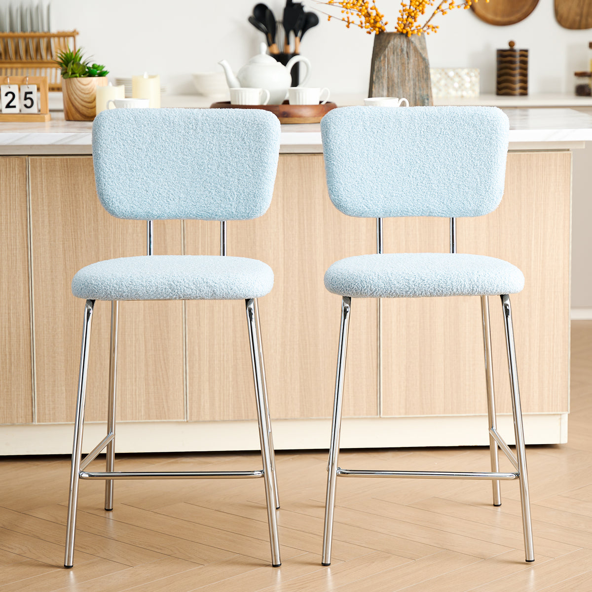 Blue Boucle 24in Counter Height Bar Stools Set of 2 Z874
