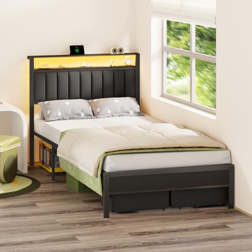 Grey Upholstered Twin Bed Frame with Charging Station and LED Lights W718