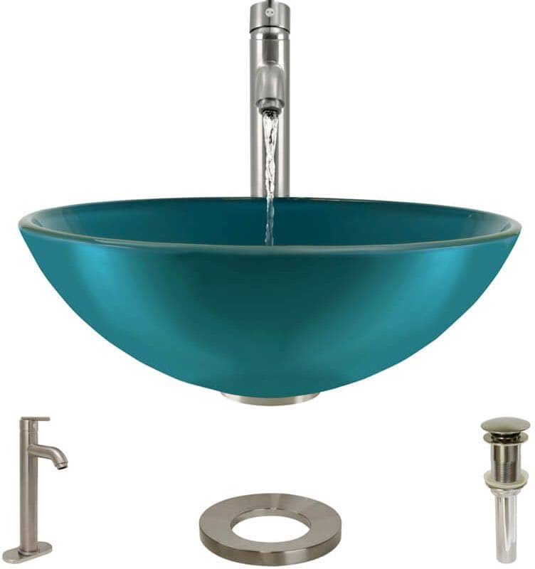 16-1/2x22 Glass Vessel Bathroom Sink with Vessel Faucet Cerulean Brushed N8423