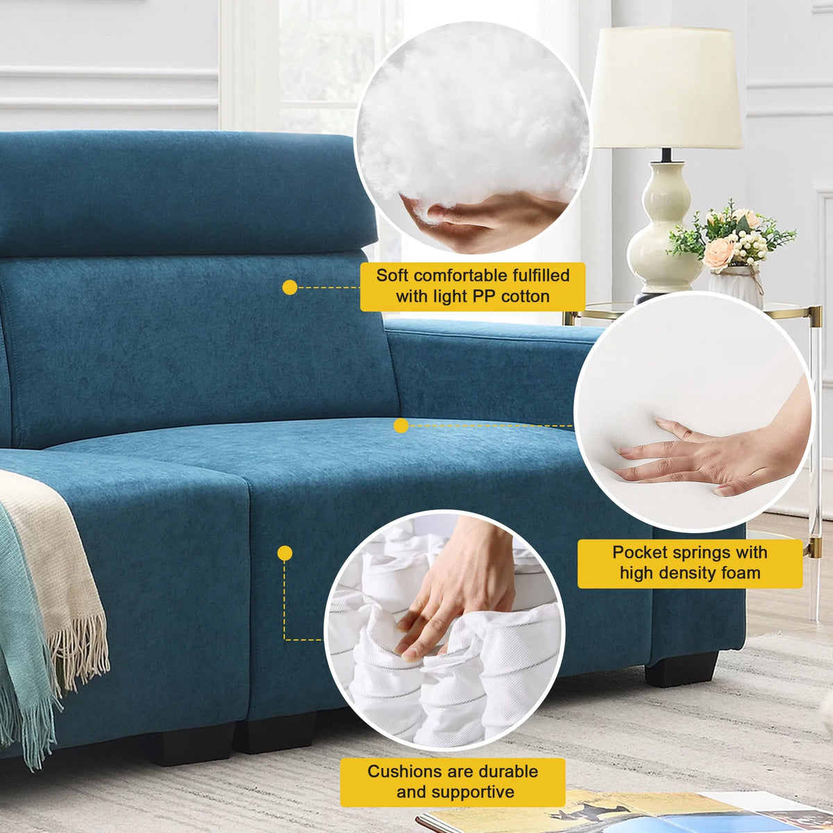 2-Seater Velvet Sectional Sofa with Adjustable Headrest L701788