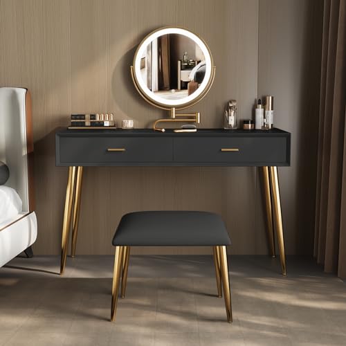 Black 31.5in Vanity Desk Set with 360° Rotating Mirror and Lights, 2 Drawers, Stool F3044