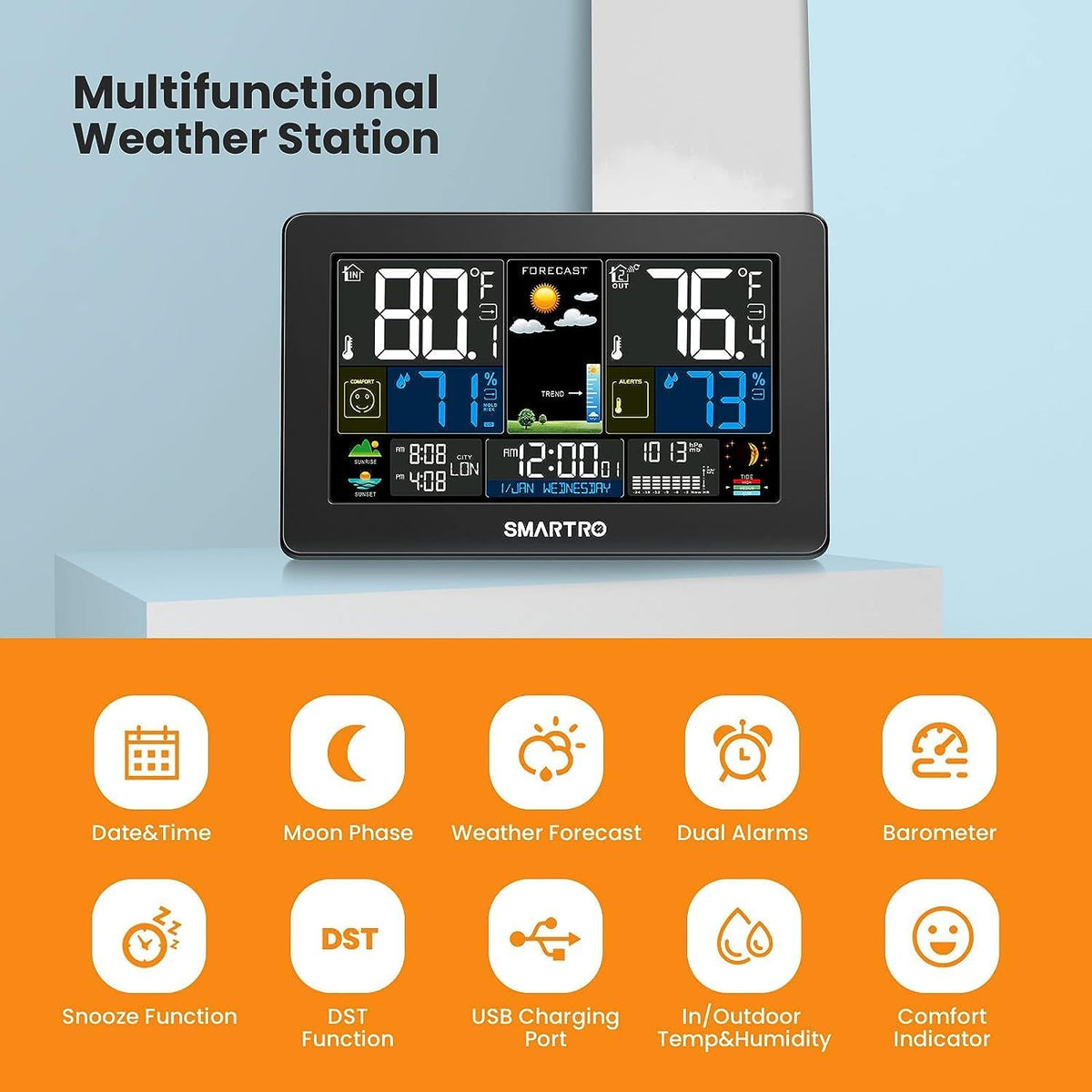 Large Color Display Wireless Indoor Outdoor Weather Station with Barometer, Temperature Humidity Monitor N72273