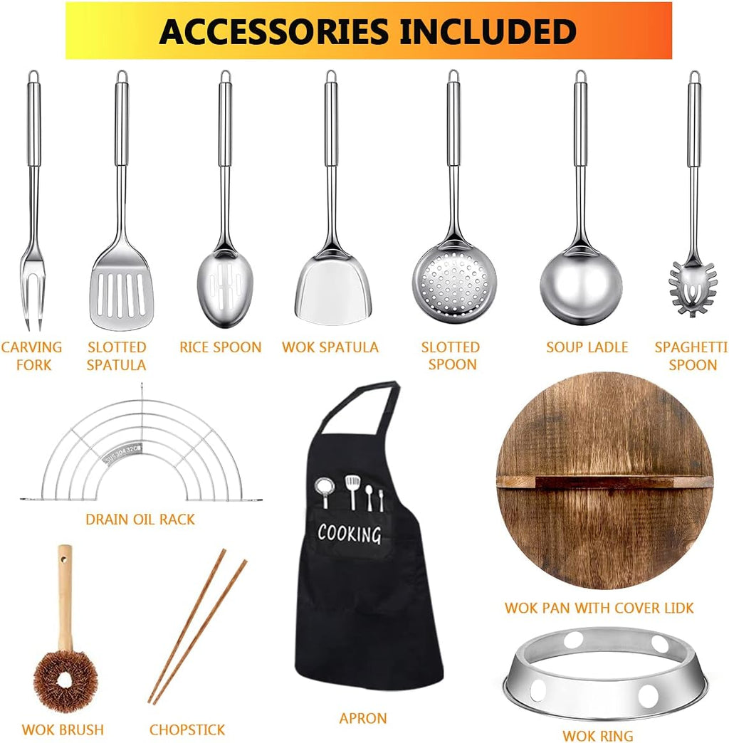 14 Piece Carbon Steel Wok Pan Set with Wooden Lid X5714