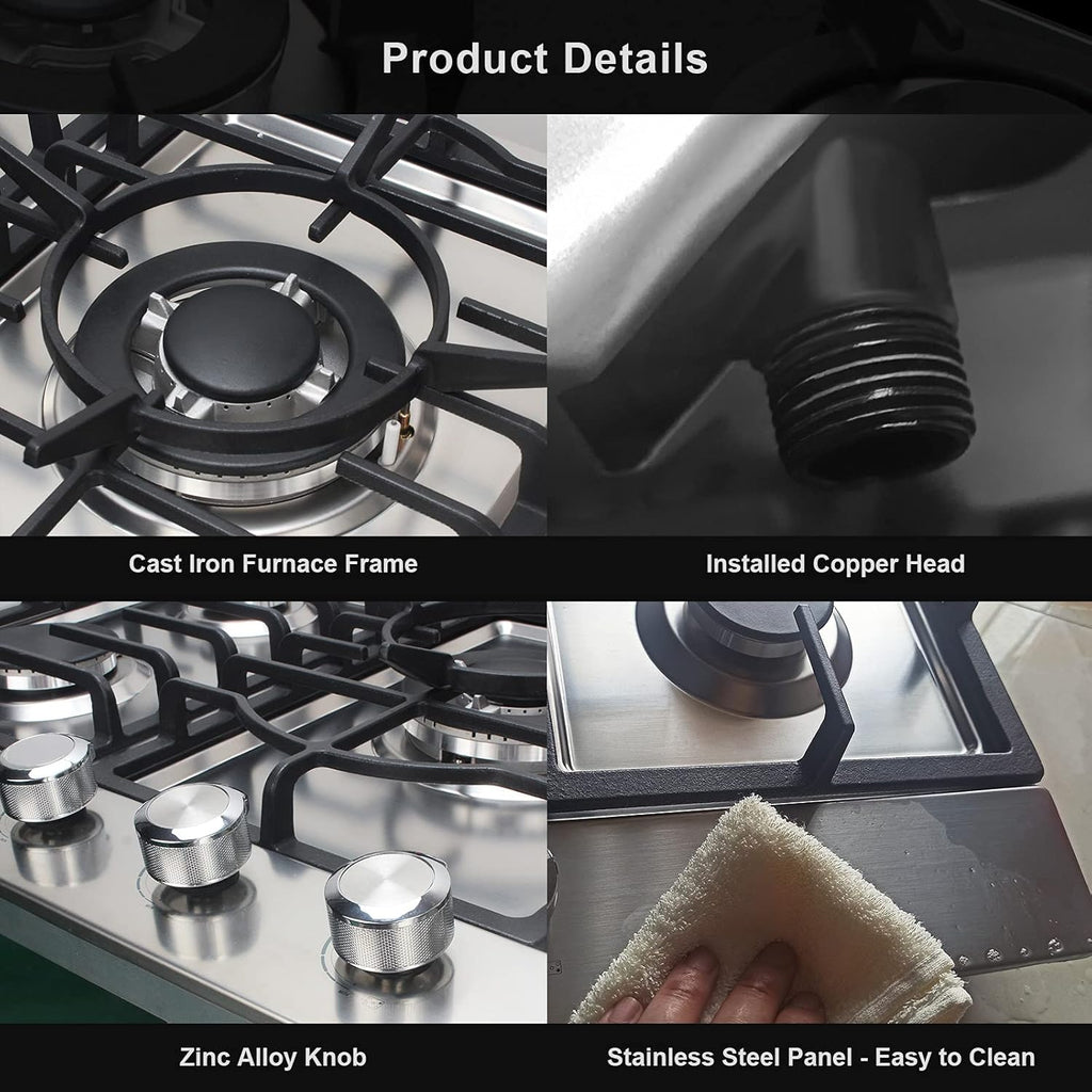 36 inch 5 Sealed Burners Stainless Steel Gas Cooktop with Cast Iron Grates T83393