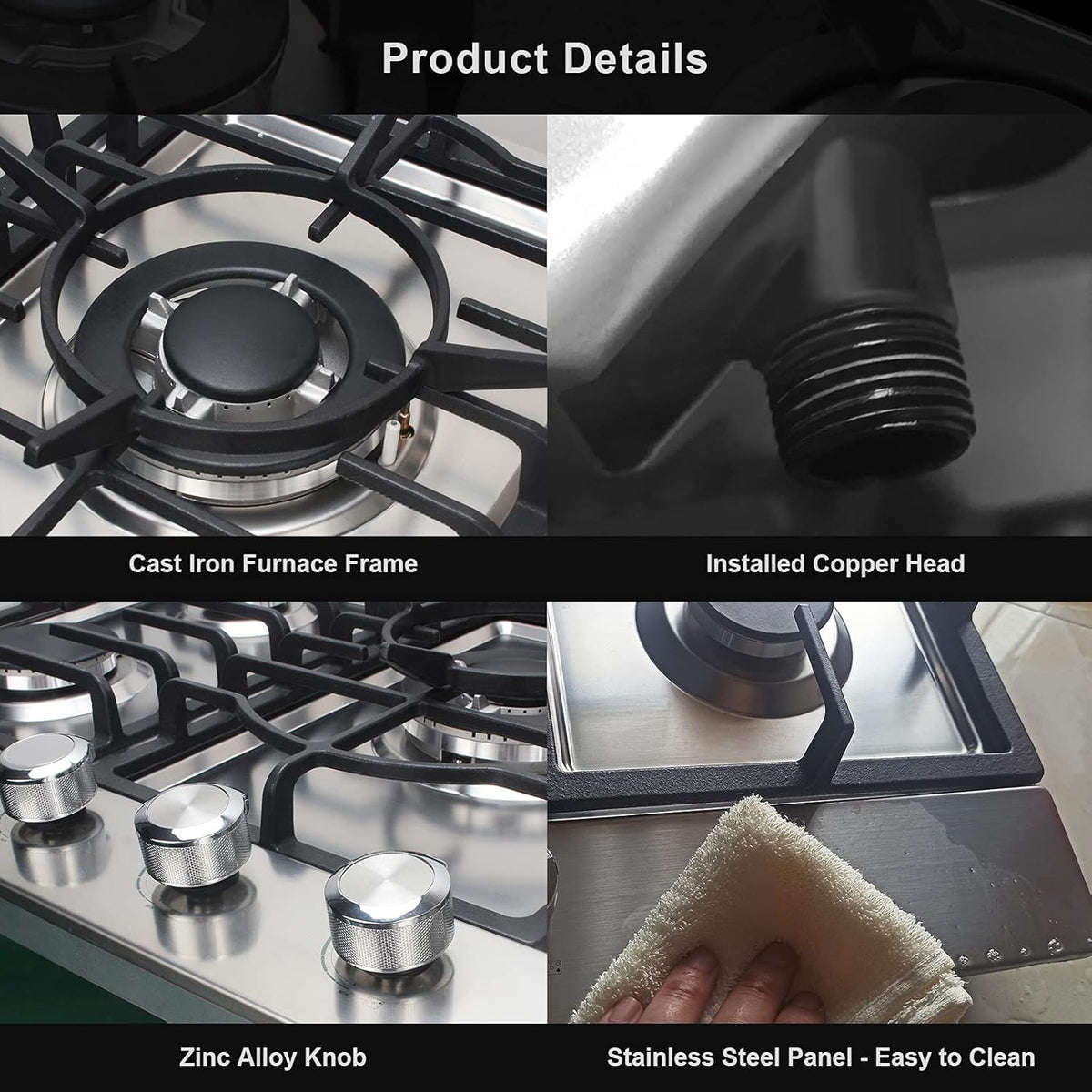 36 inch 5 Sealed Burners Stainless Steel Gas Cooktop with Cast Iron Grates T83393