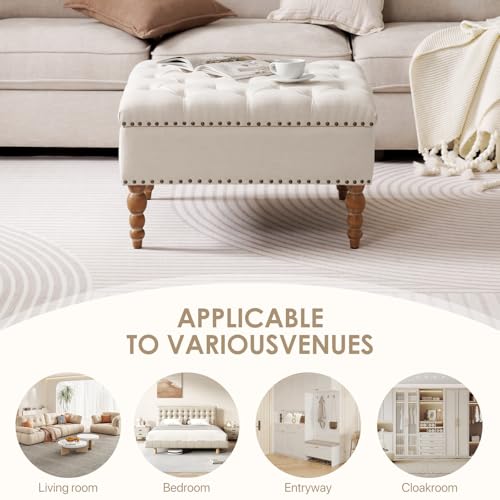 Large Square Ottoman Coffee Table with Storage and Solid Wood Shelf (Beige) N70202