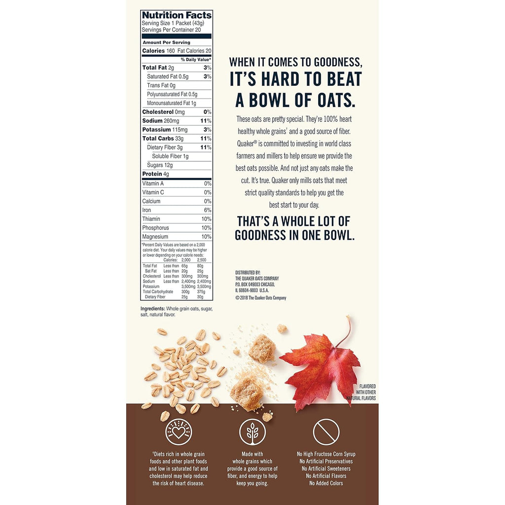 Maple & Brown Sugar Instant Oatmeal, 20 Count, 1.51 oz Packets Z40277