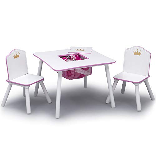 White/Pink Kids Wood Table and Chair Set with Storage L24222