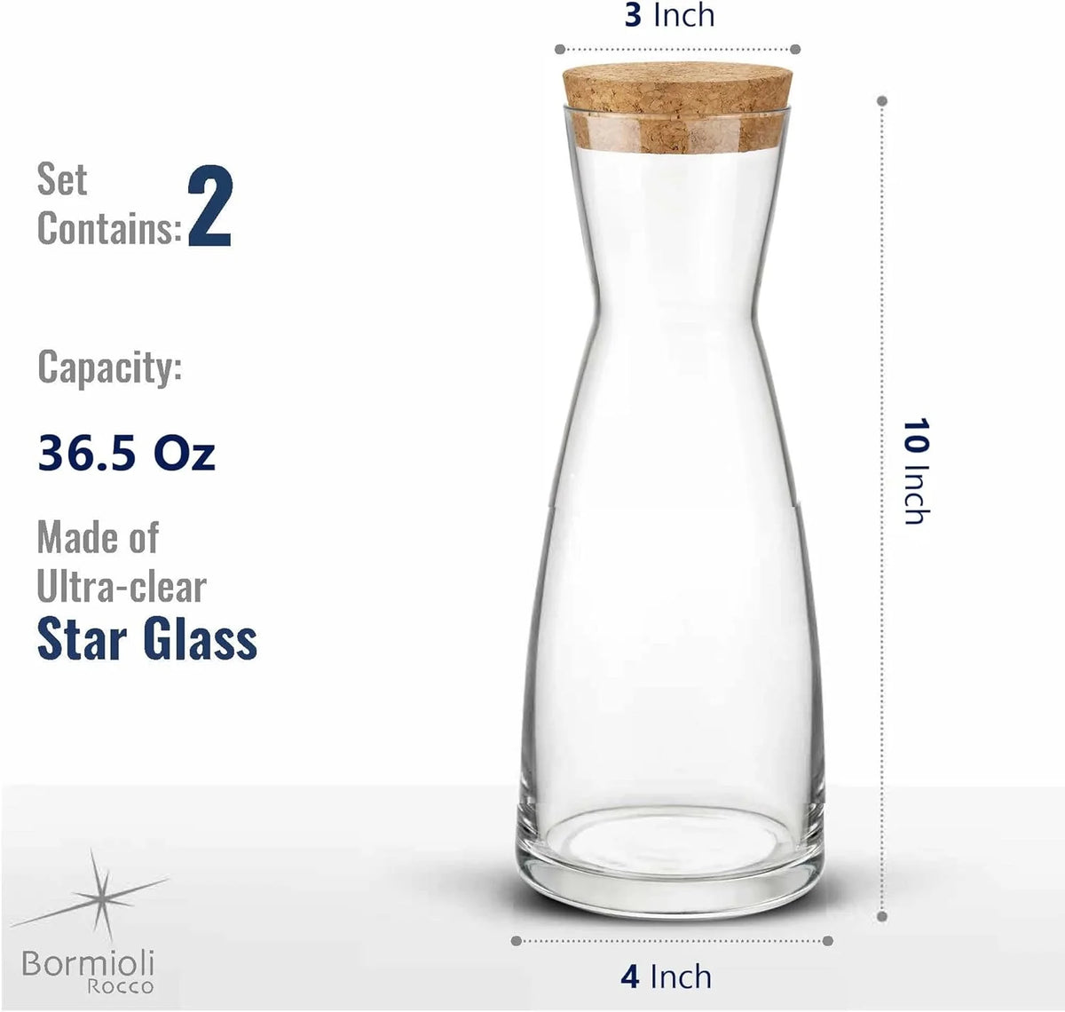 Set Of 2 Glass Carafe With Cork Lid, 36.5 Oz F5901