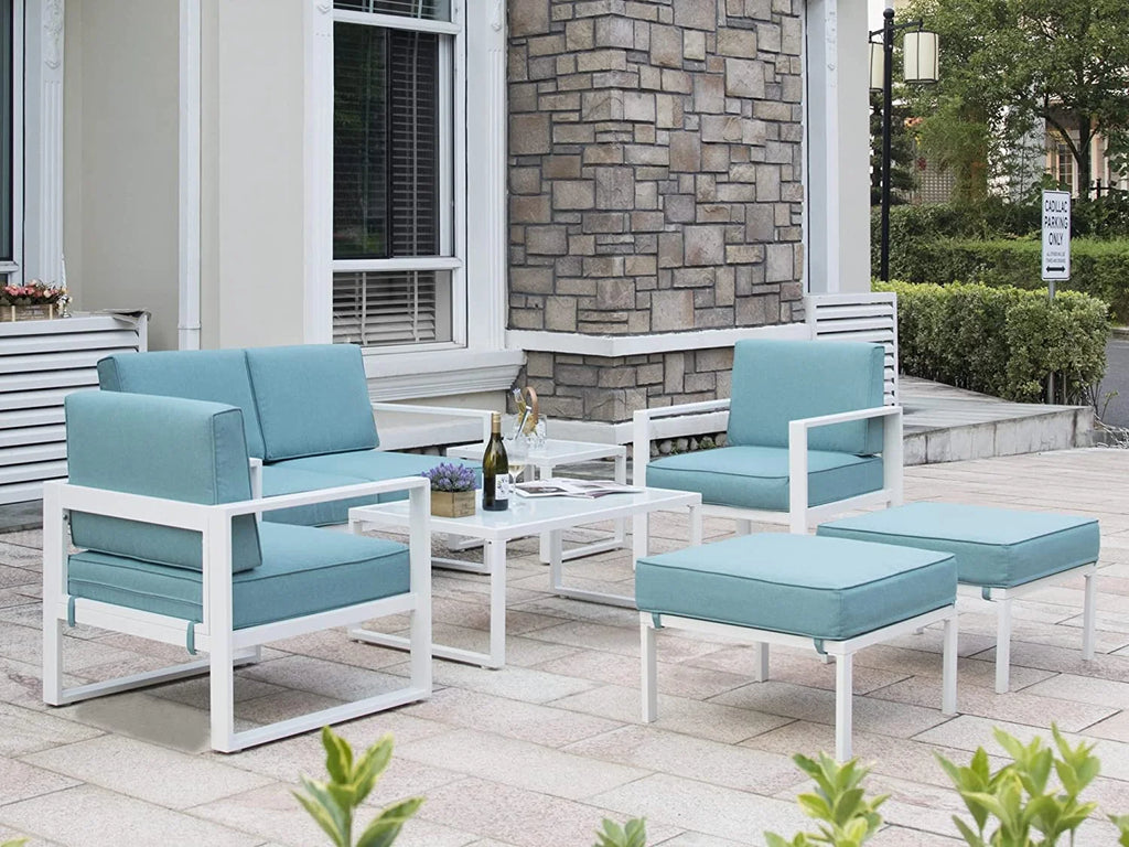 White Frame Blue Cushion 7 Pcs Outdoor Patio Furniture Set D3810