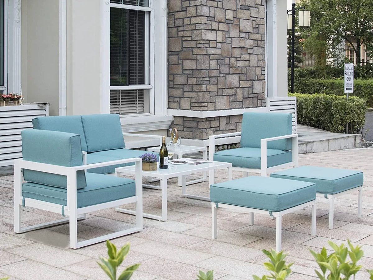 White Frame Blue Cushion 7 Pcs Outdoor Patio Furniture Set D3810