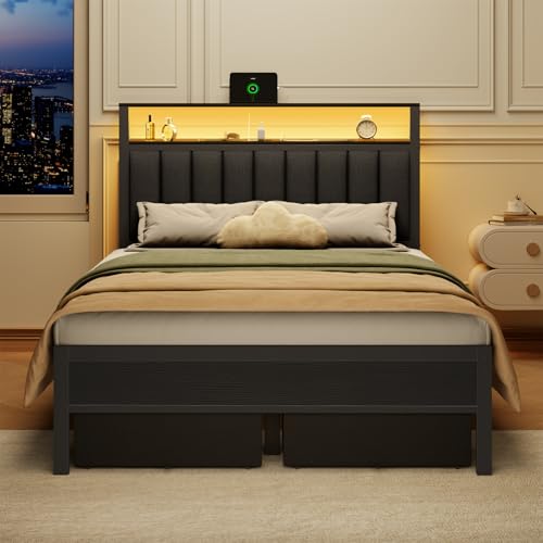 Grey Upholstered Twin Bed Frame with Charging Station and LED Lights W718