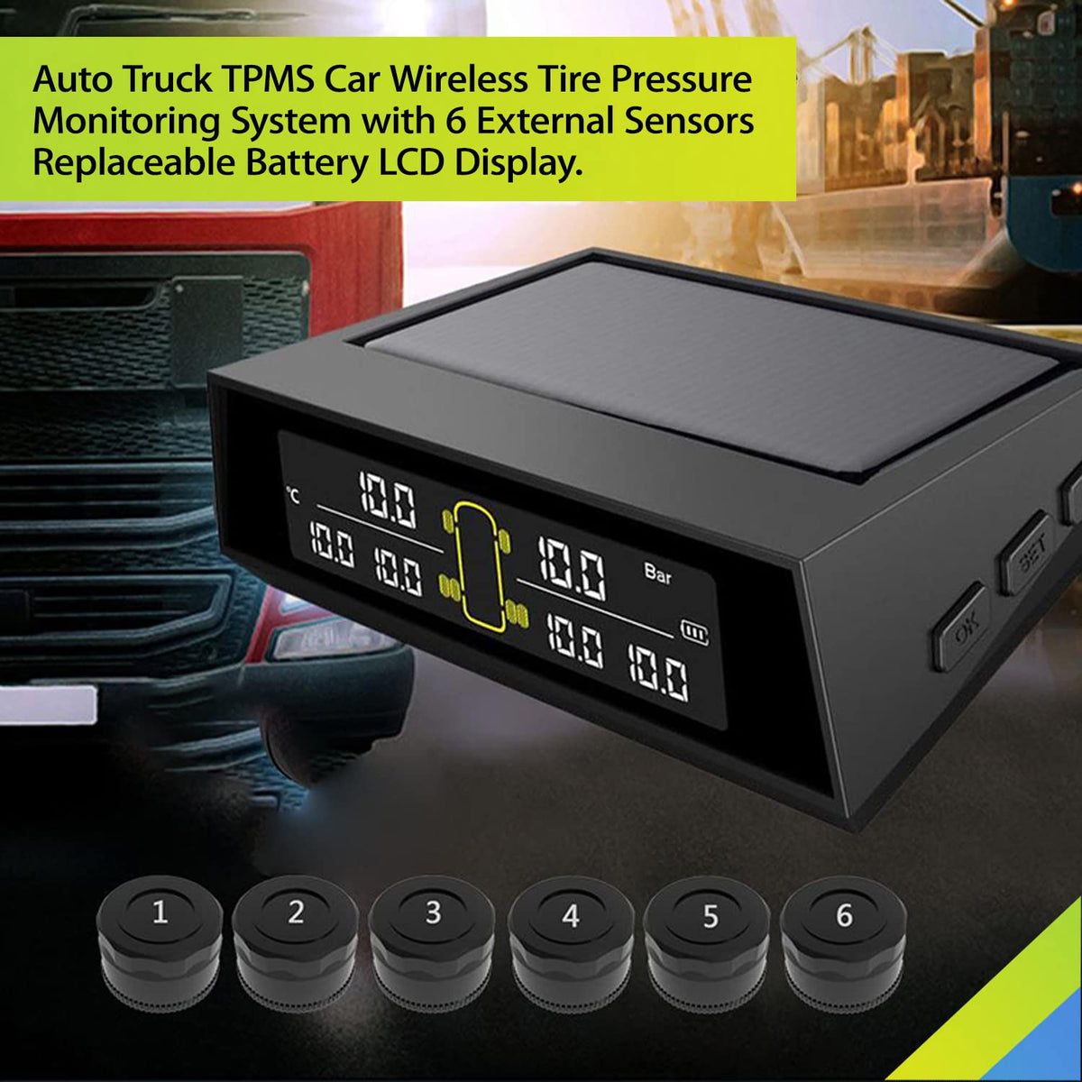 Wireless Solar Tire Pressure Monitoring System with 6 External Sensors Y3925