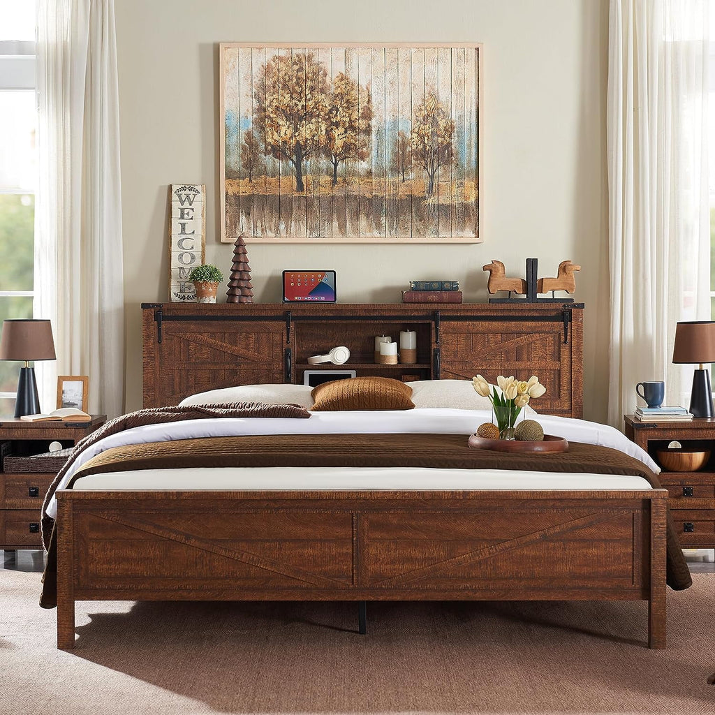 Light Rustic Oak Wood Platform Bed Frame with Bookcase Storage Headboard F31151