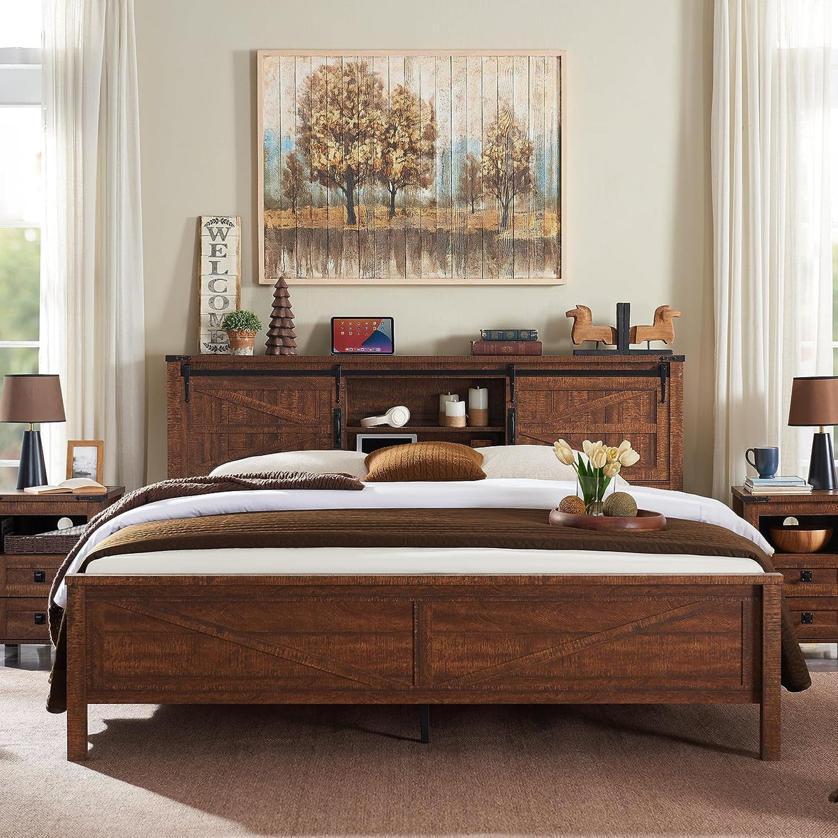 Light Rustic Oak Wood Platform Bed Frame with Bookcase Storage Headboard F31151