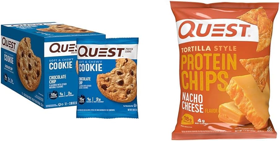 Chocolate Chip Protein Cookie 12 Count & Tortilla Style Protein Chips Nacho Cheese 1.1 Ounce Pack of 12 Y21990